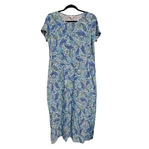 J. Jill Maxi Summer Dress Blue Paisley Pima Cotton Blend Pockets Stretch Size M